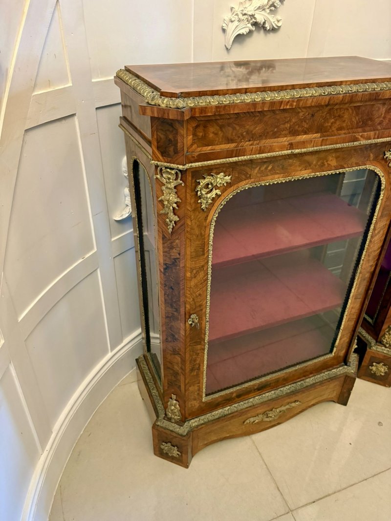 Antique Exceptional Pair of Victorian Burr Walnut Pier Cabinets with Ormolu Mounts - Image 6